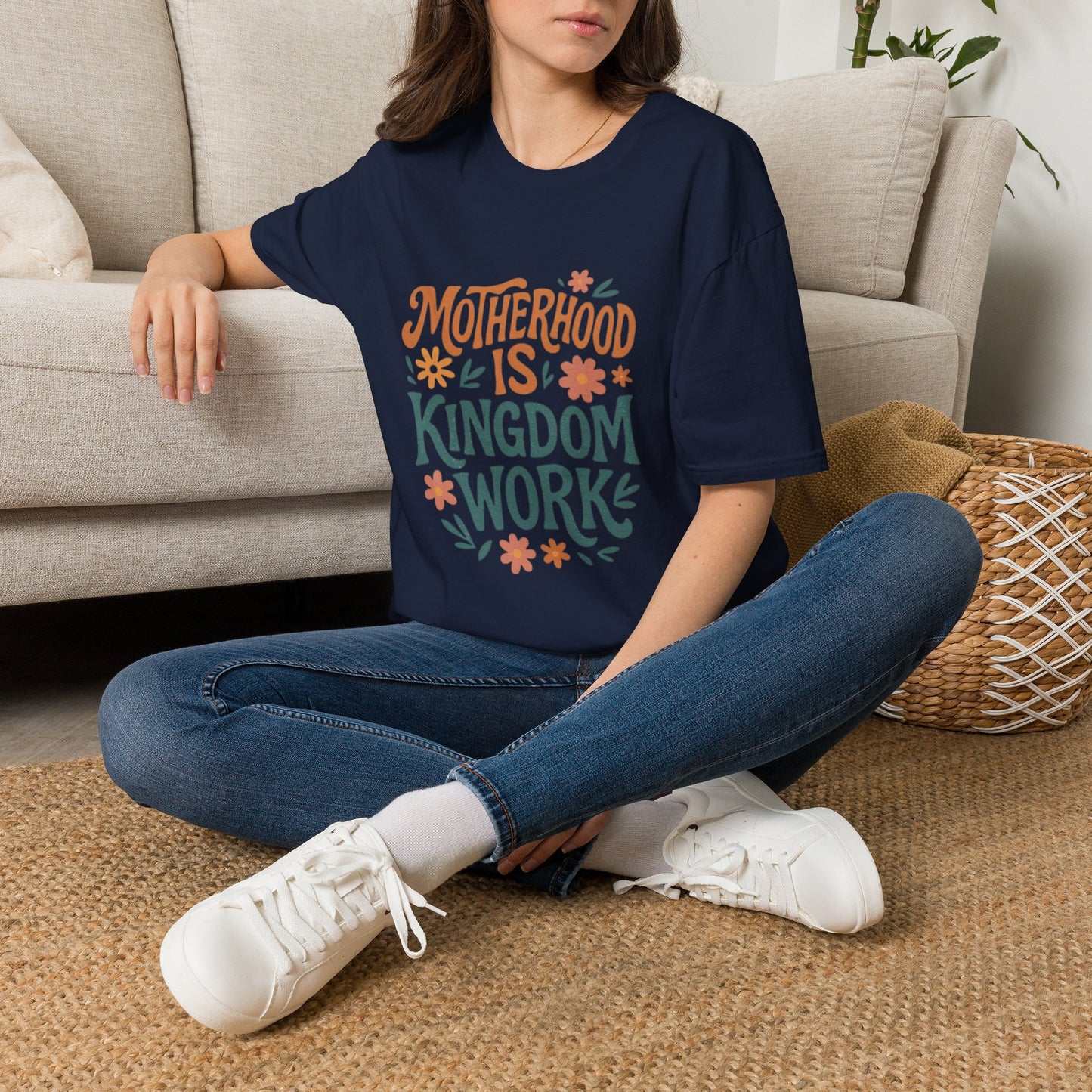Motherhood Is Kingdom Work T-Shirt — Floral Christian Mom Tee