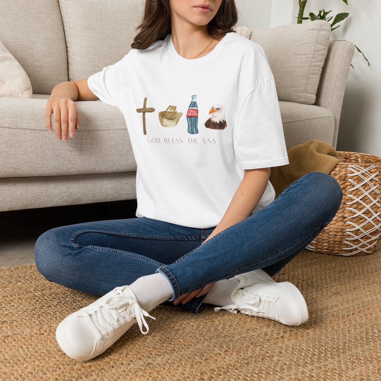 God Bless The USA T-Shirt — Cross, Cowboy Hat, Coke & Bald Eagle Patriotic Tee