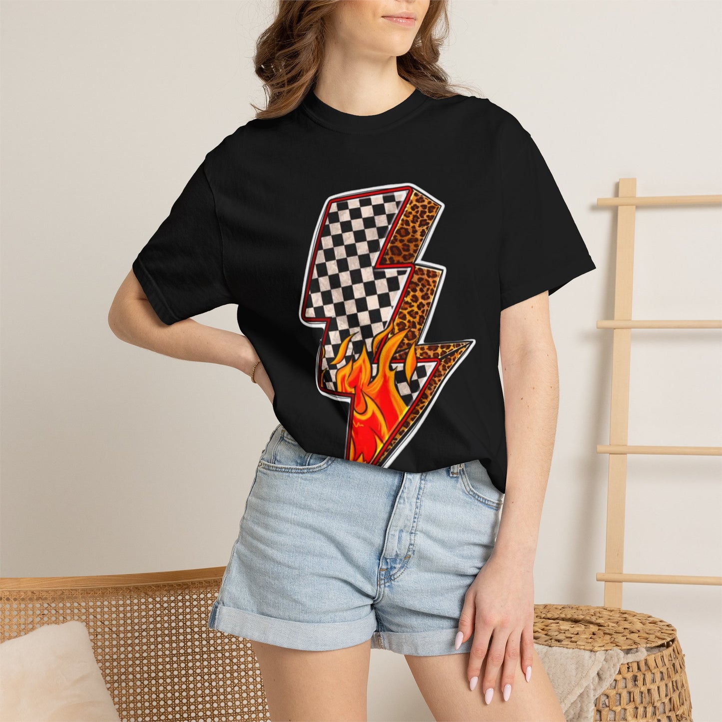 Checkerboard & Flame Lightning Bolt T-Shirt | Retro Racing Graphic