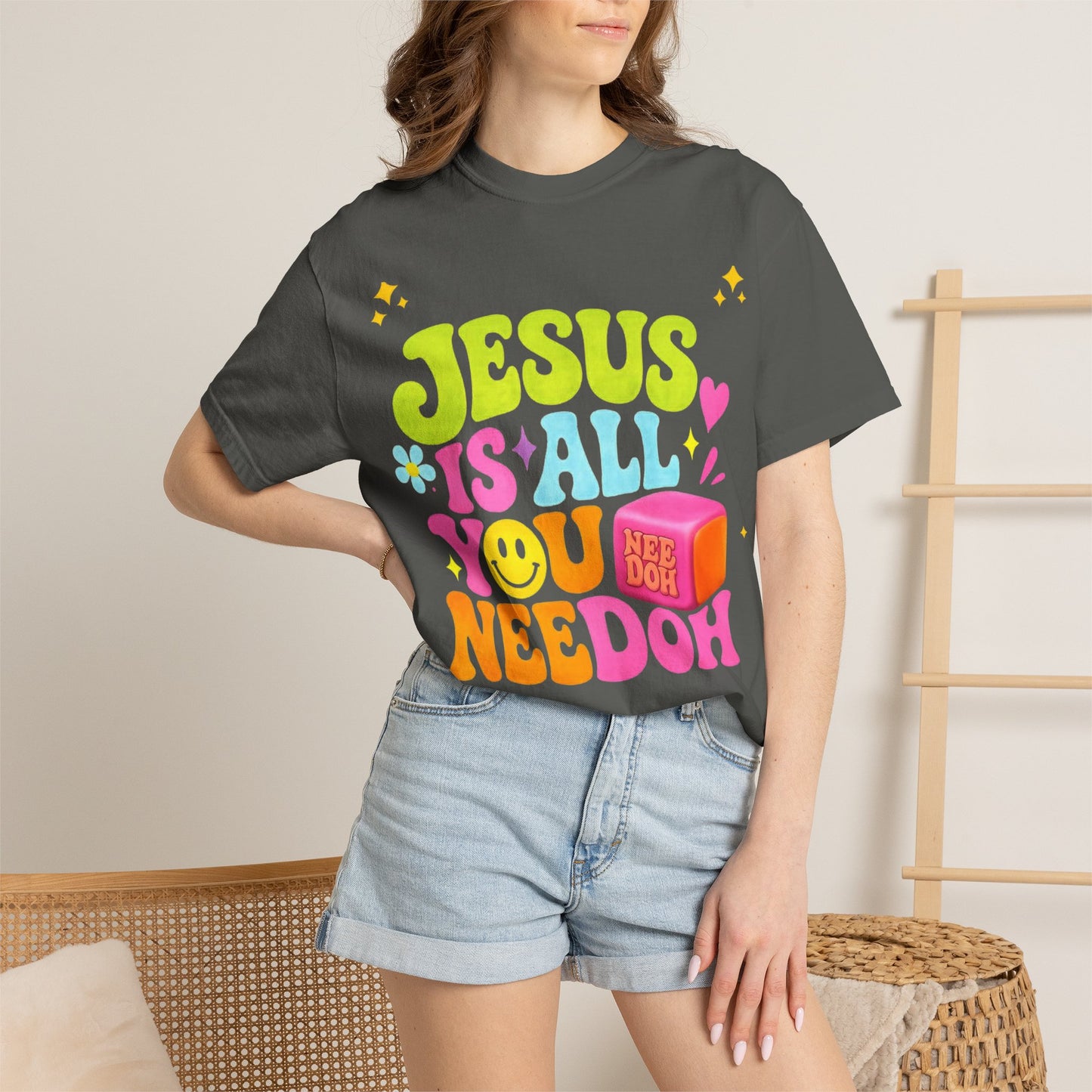 Christian T-Shirt — "Jesus Is All You Need" Colorful Retro Graphic Tee
