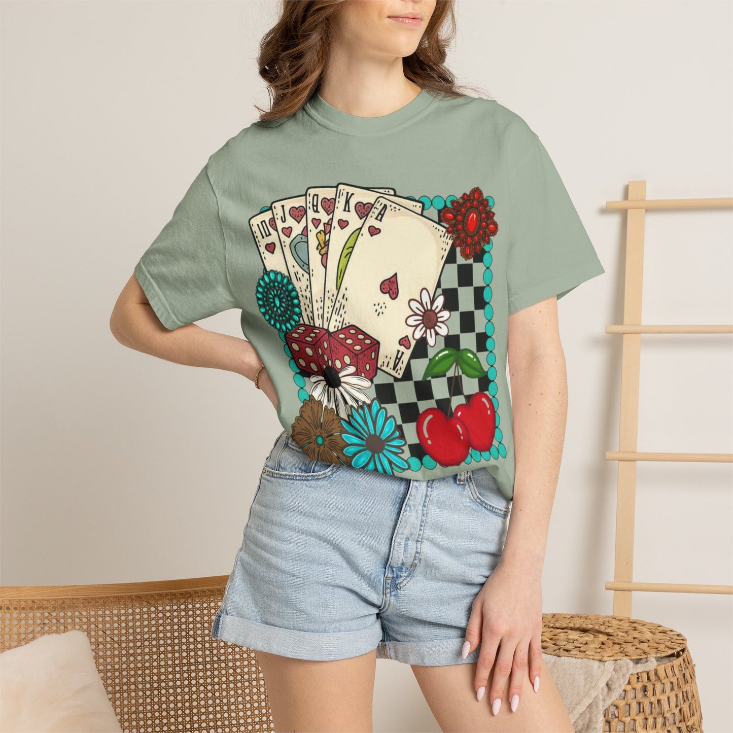 Vintage Poker Cards T-Shirt | Floral Cherry Checkerboard Design