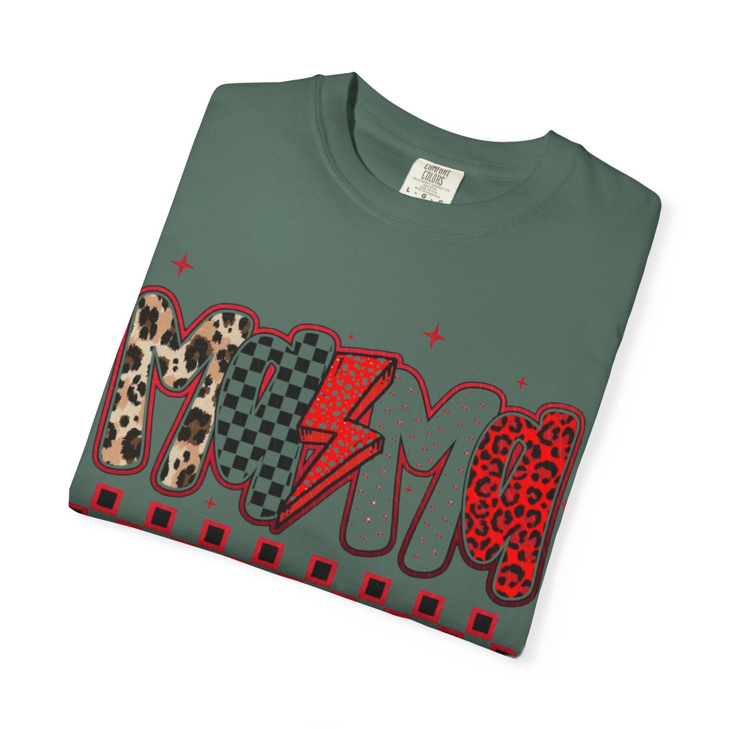 Mama Lightning Bolt Graphic T-Shirt — Playful Leopard & Heart Print