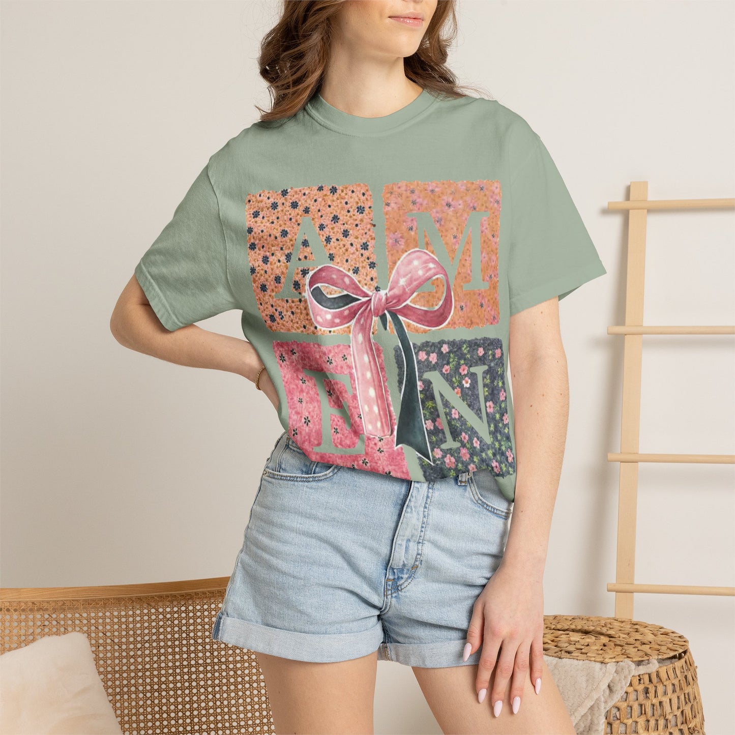 Amen Floral Bow T-Shirt — Decorative Letter Graphic Tee