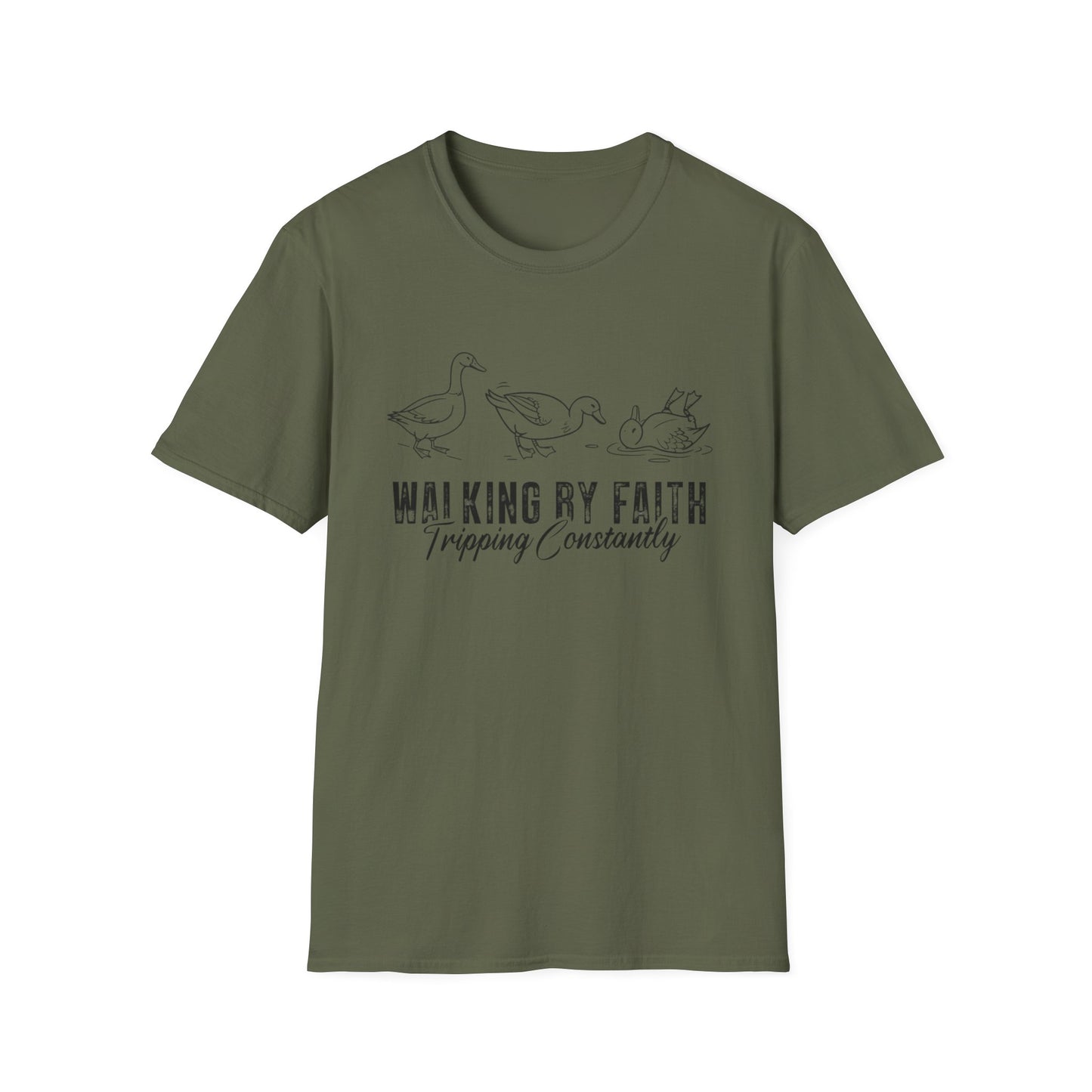 Walking By Faith Tee — 'Walking By Faith, Tripping Constantly' Duck Graphic Christian T-Shirt