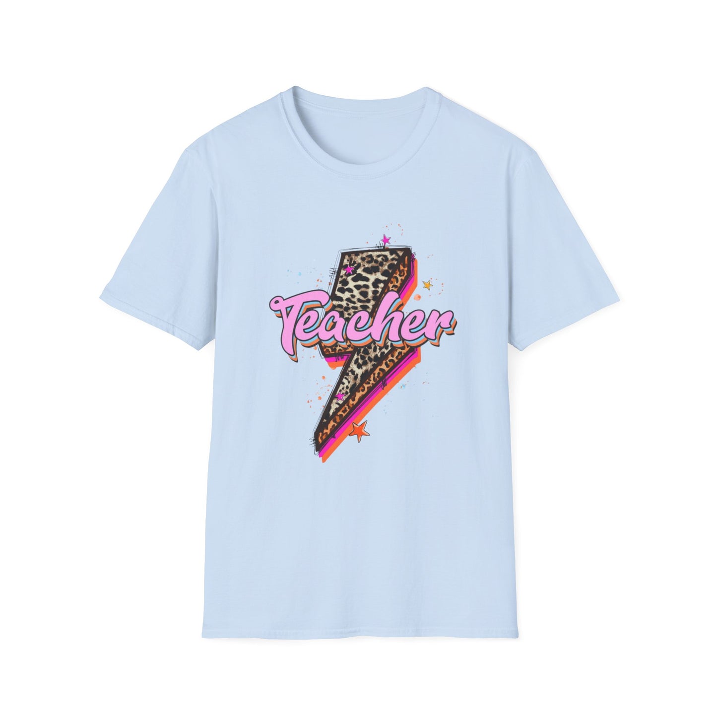 Teacher Lightning Bolt Leopard Print T‑Shirt — Retro Pink Script Graphic Tee for Educators