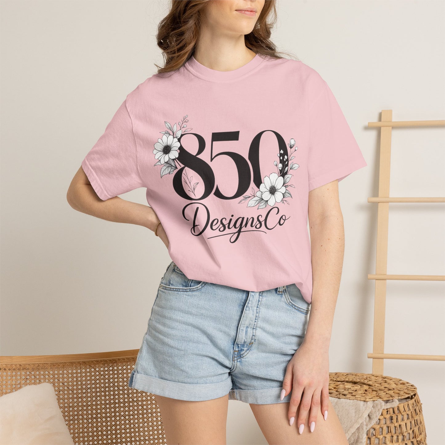 850 Designs Co Floral Logo T-shirt | Script Number Graphic