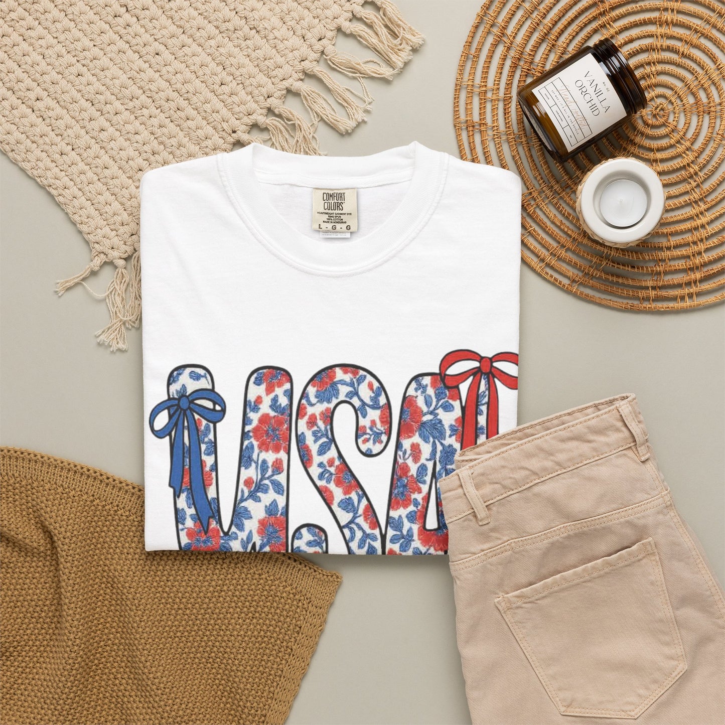 USA Floral Bow T-Shirt — Patriotic Fourth of July Tee