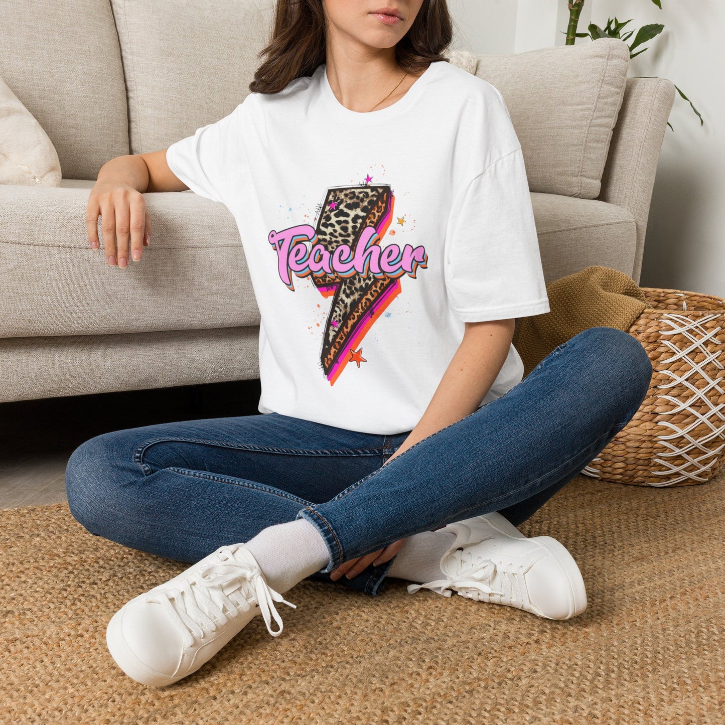 Teacher Lightning Bolt Leopard Print T‑Shirt — Retro Pink Script Graphic Tee for Educators