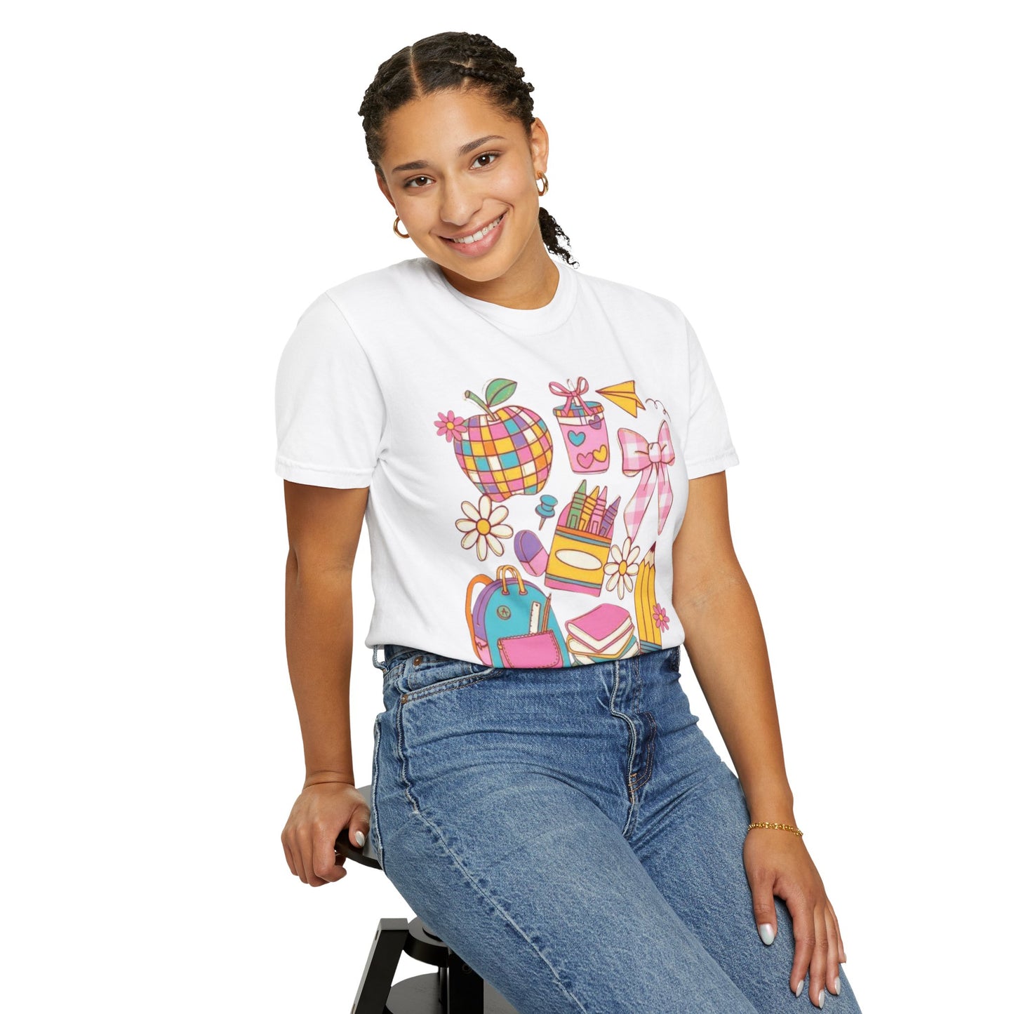 Back-to-School Cute Supplies T-Shirt — Colorful Pencil, Backpack & Apple Design