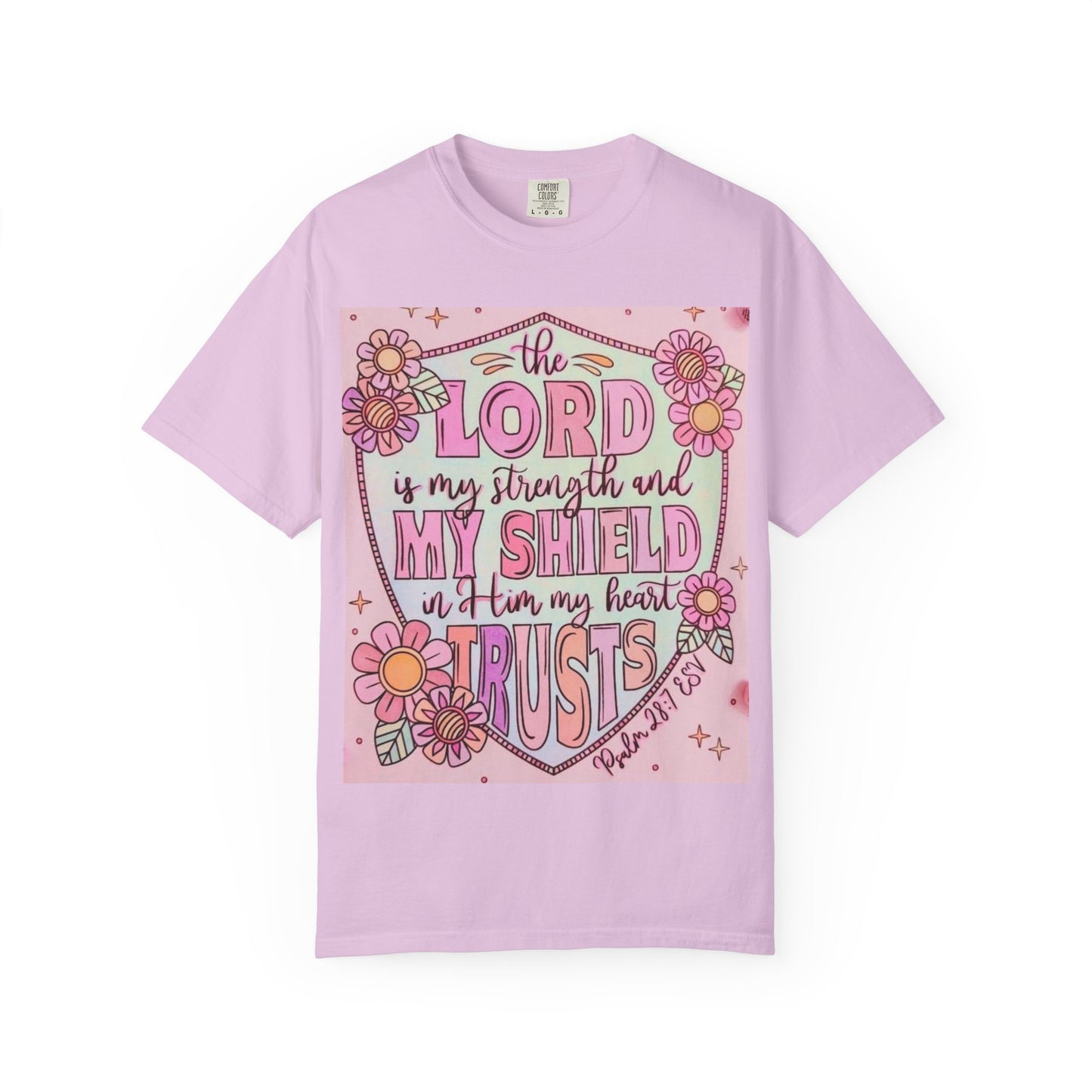 Women’s Faith T-Shirt — “The Lord Is My Strength and My Shield” Floral Christian Tee