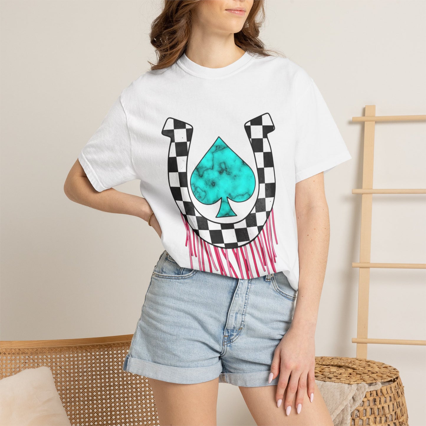 Checkerboard Horseshoe with Turquoise Spade T-Shirt | Drip Fringe Graphic
