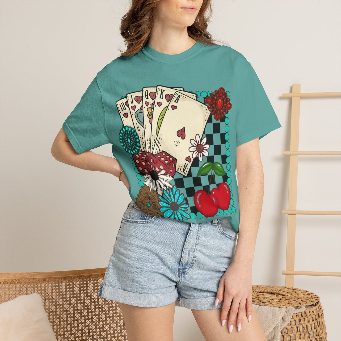 Vintage Poker Cards T-Shirt | Floral Cherry Checkerboard Design