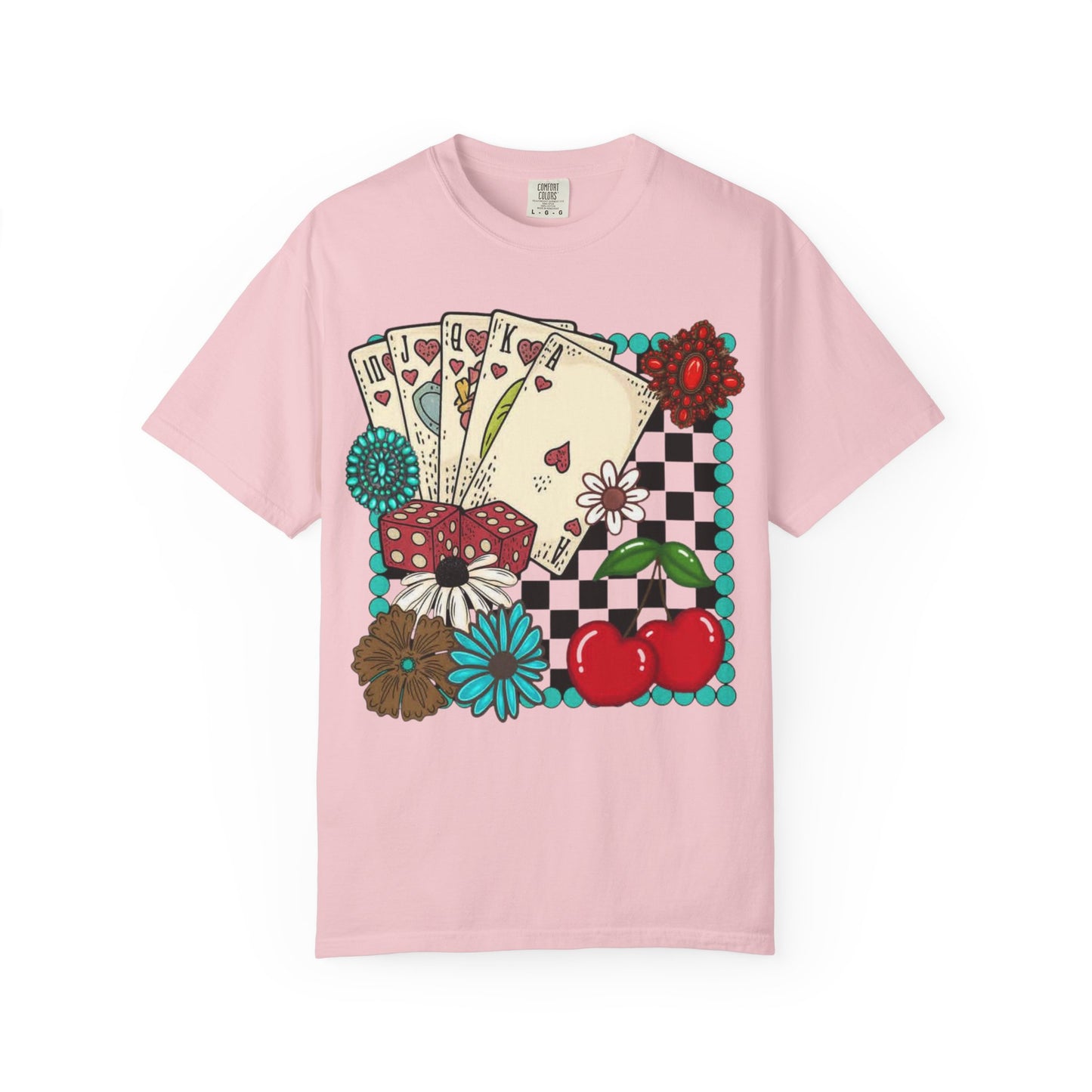 Vintage Poker Cards T-Shirt | Floral Cherry Checkerboard Design