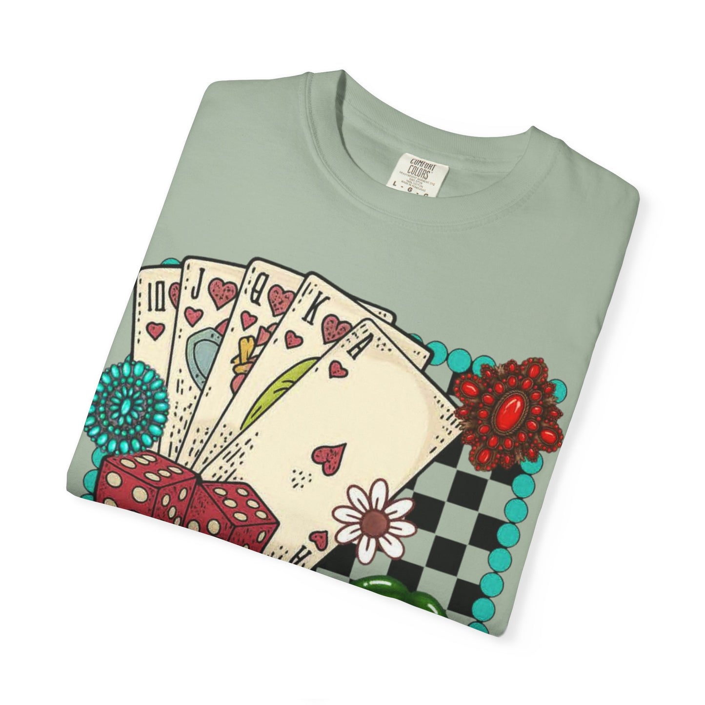 Vintage Poker Cards T-Shirt | Floral Cherry Checkerboard Design