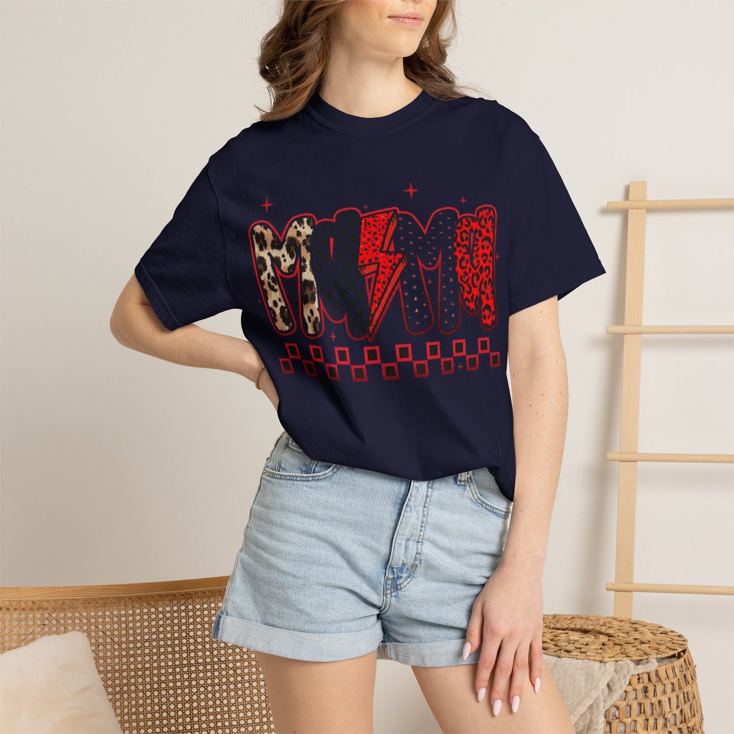 Mama Lightning Bolt Graphic T-Shirt — Playful Leopard & Heart Print