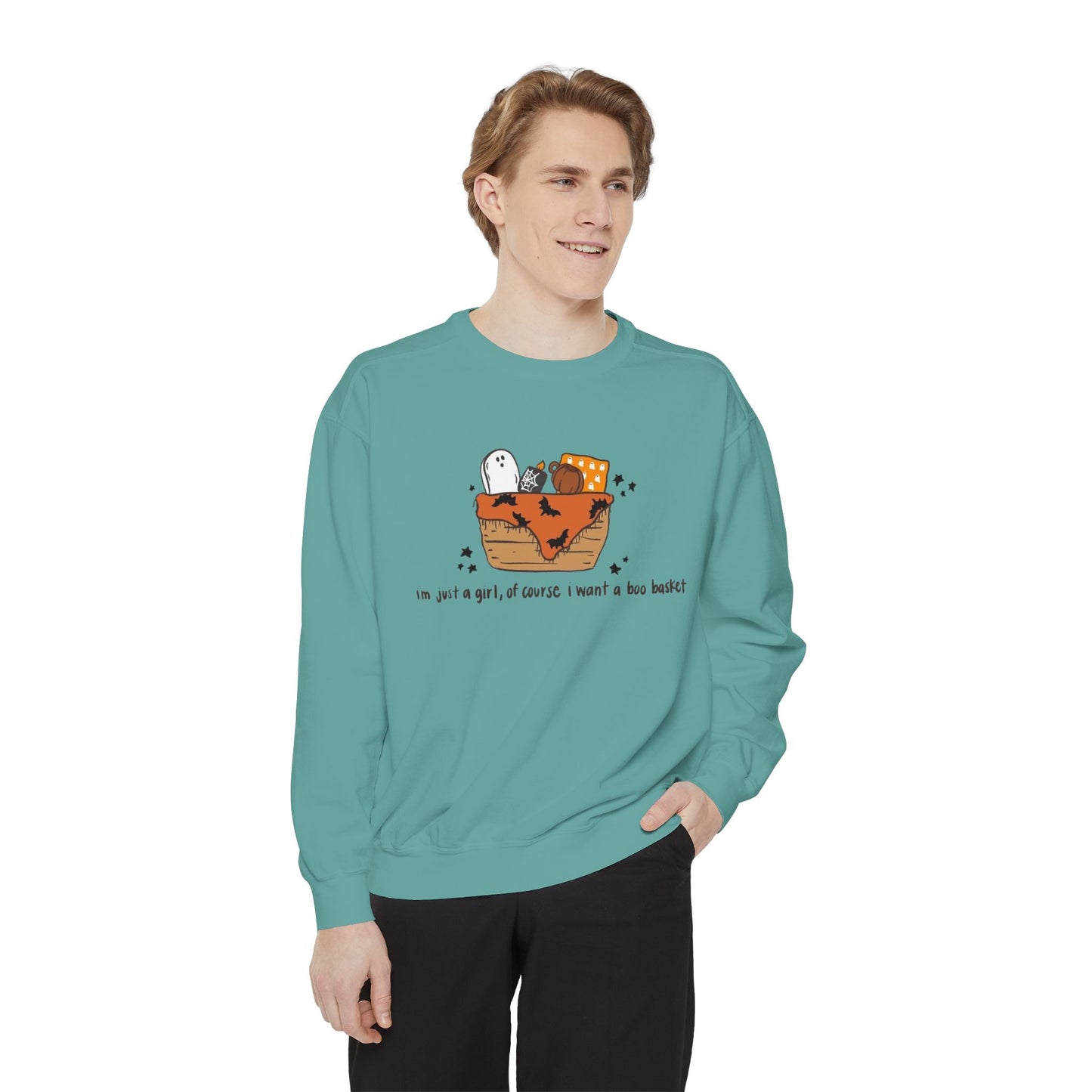 Halloween Boo Basket Sweatshirt — 'I'm not a girl, I swear I meant a boo basket' Cozy Halloween Pullover