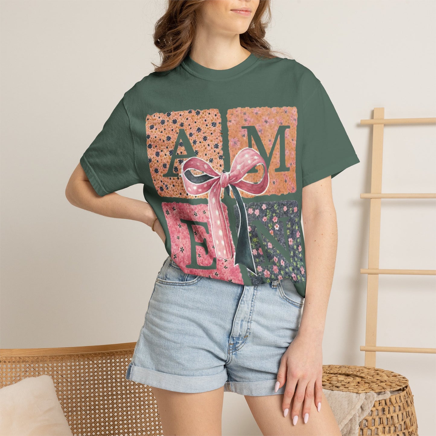Amen Floral Bow T-Shirt — Decorative Letter Graphic Tee