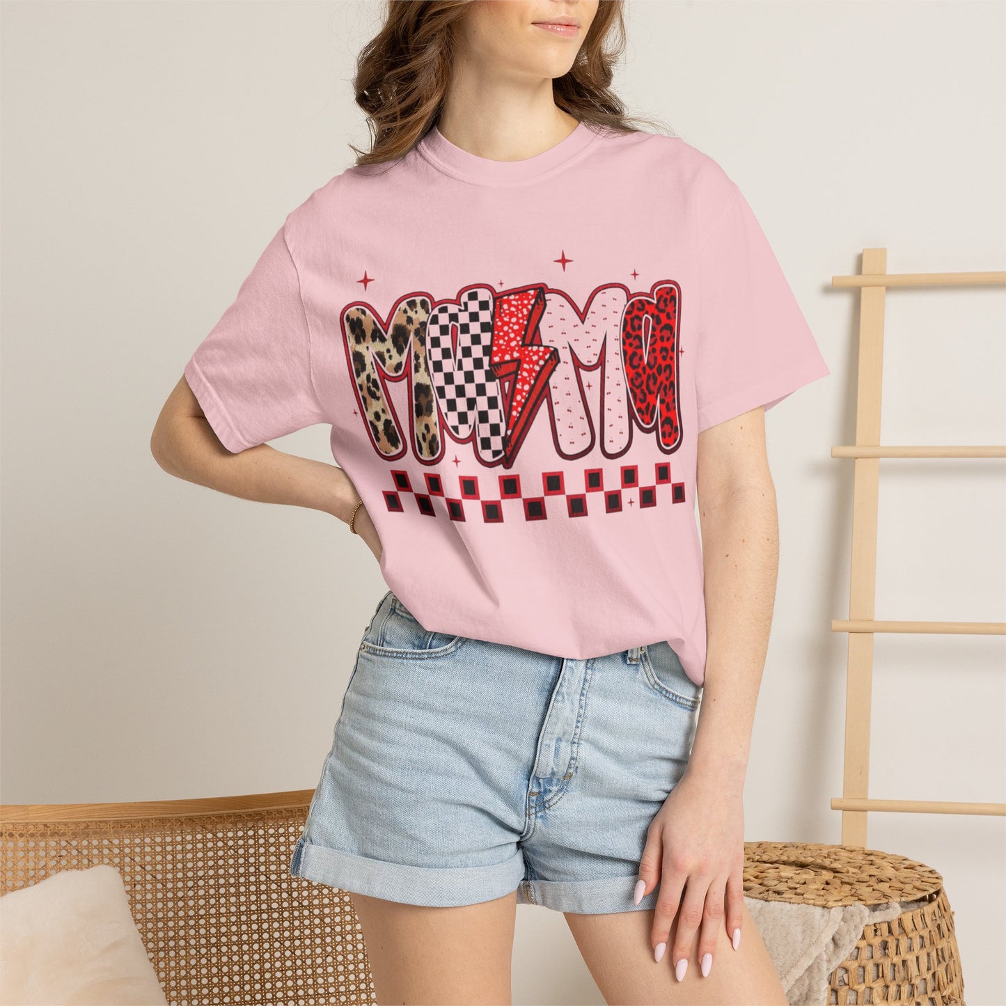 Mama Lightning Bolt Graphic T-Shirt — Playful Leopard & Heart Print