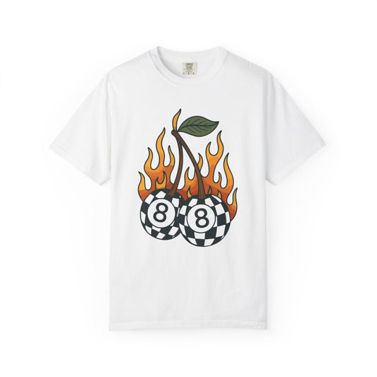 Flaming 8-Ball Cherries T-Shirt | Pool Ball Cherry Graphic