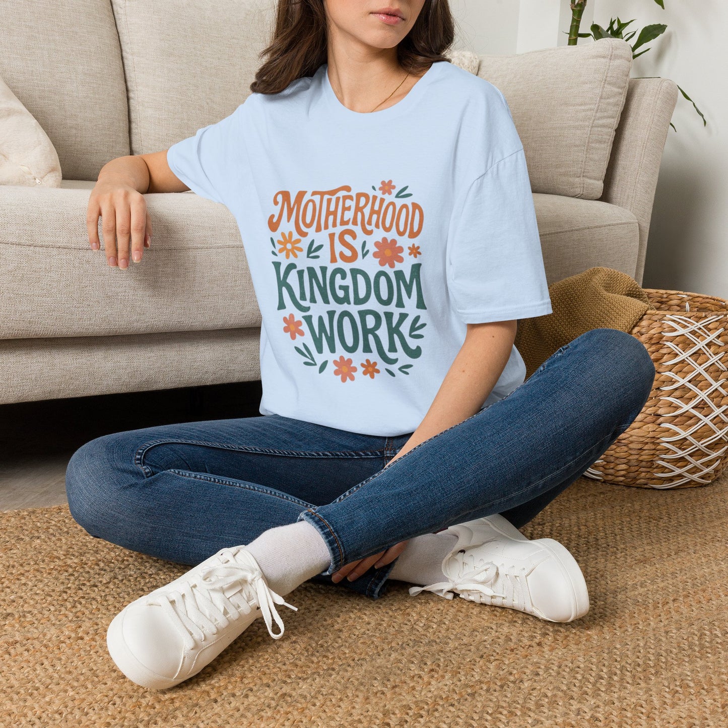 Motherhood Is Kingdom Work T-Shirt — Floral Christian Mom Tee