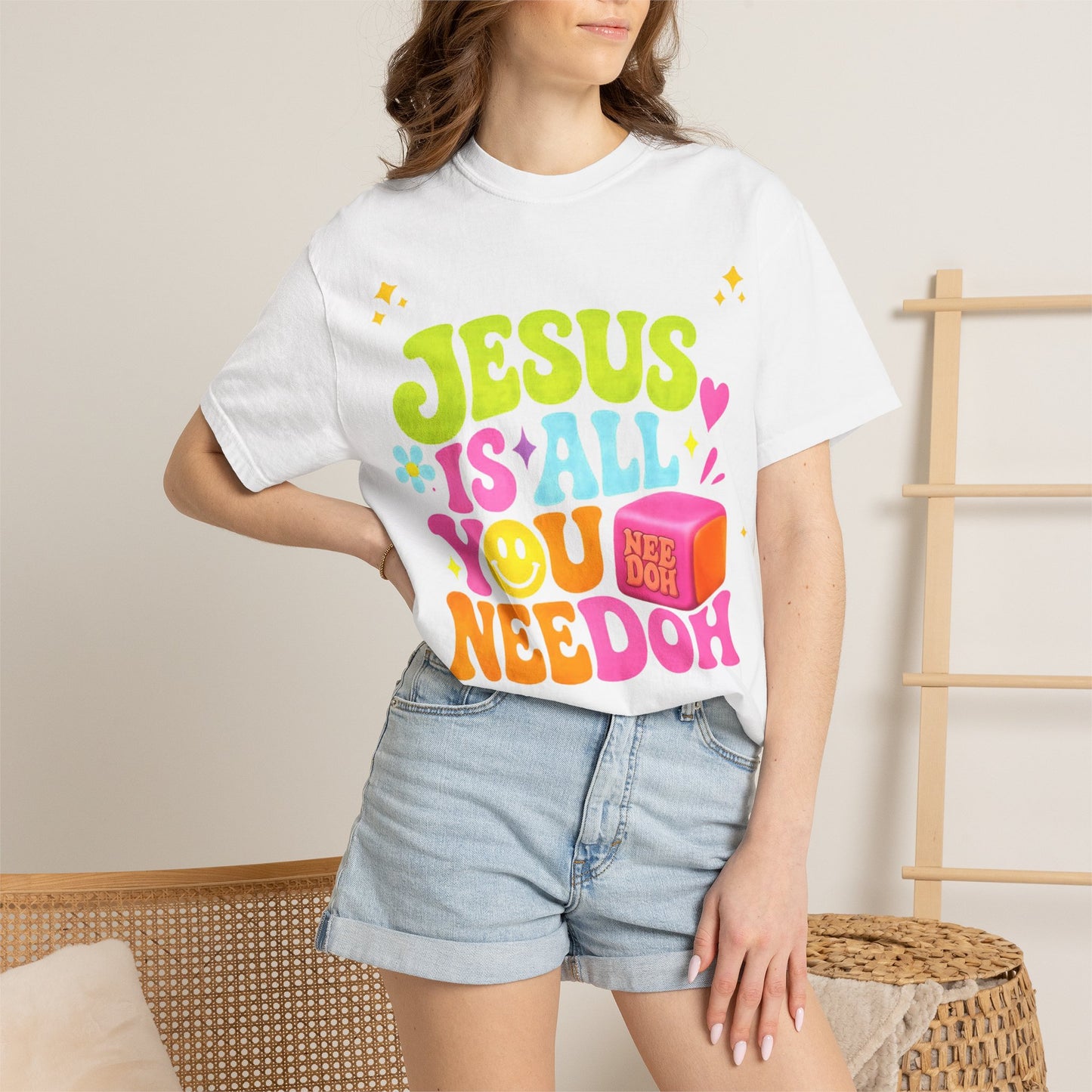 Christian T-Shirt — "Jesus Is All You Need" Colorful Retro Graphic Tee