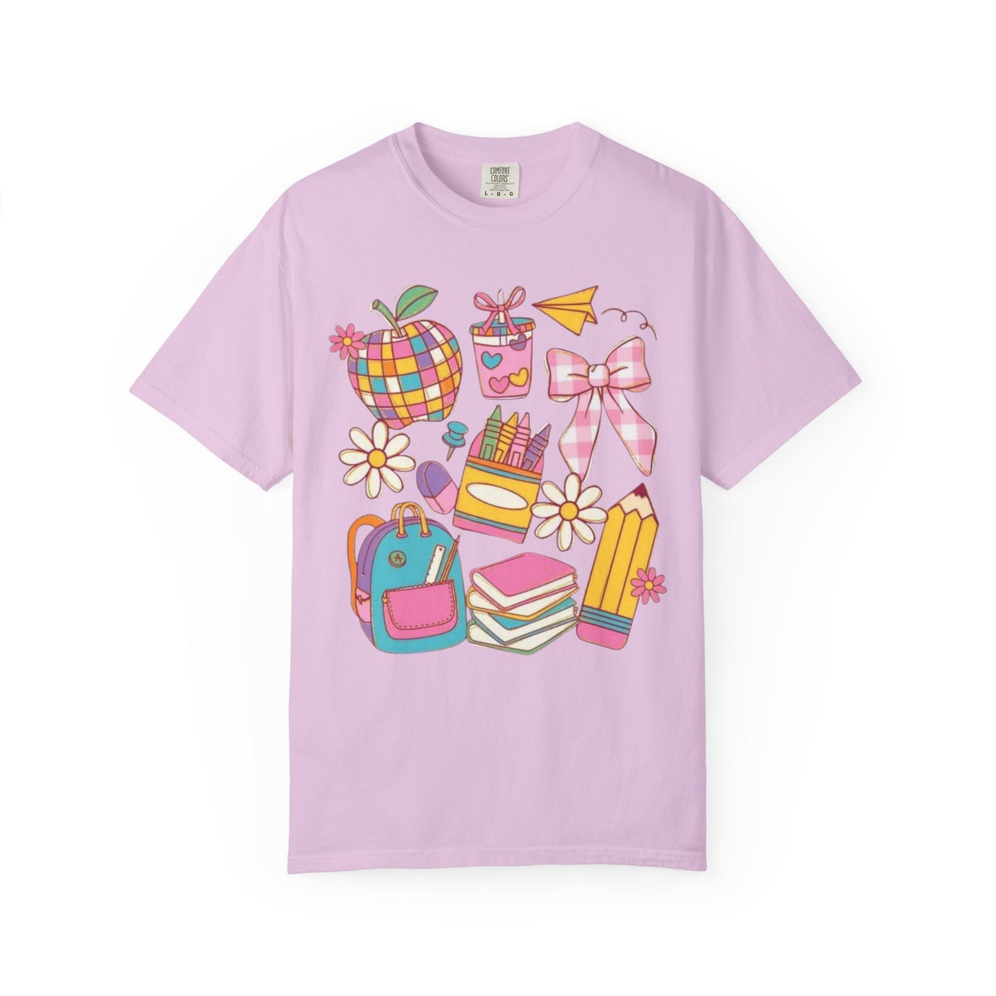 Back-to-School Cute Supplies T-Shirt — Colorful Pencil, Backpack & Apple Design