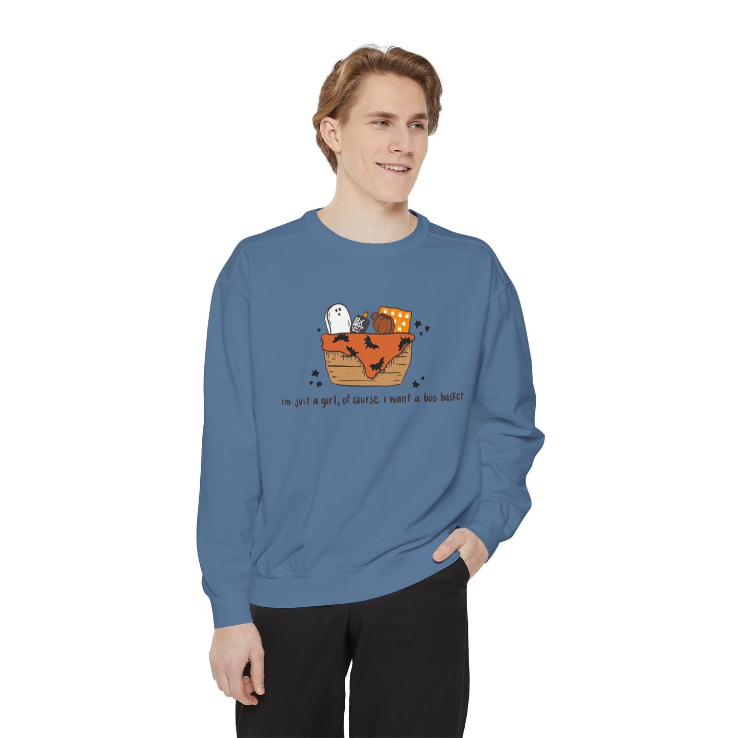 Halloween Boo Basket Sweatshirt — 'I'm not a girl, I swear I meant a boo basket' Cozy Halloween Pullover