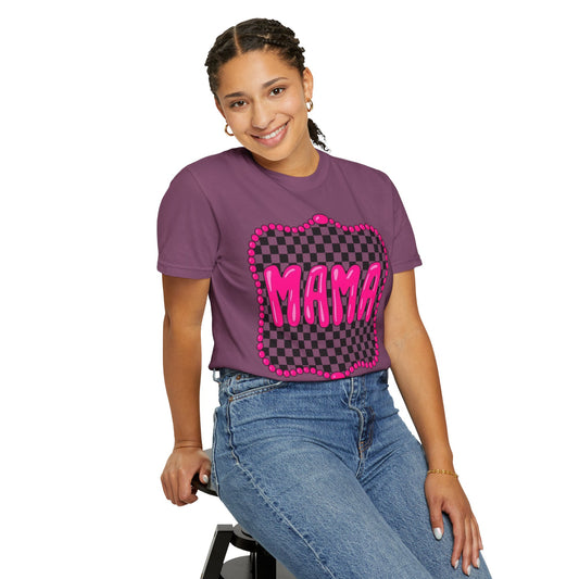 Mama Checkerboard Graphic Tee — Pink Retro Plaid Mom Shirt