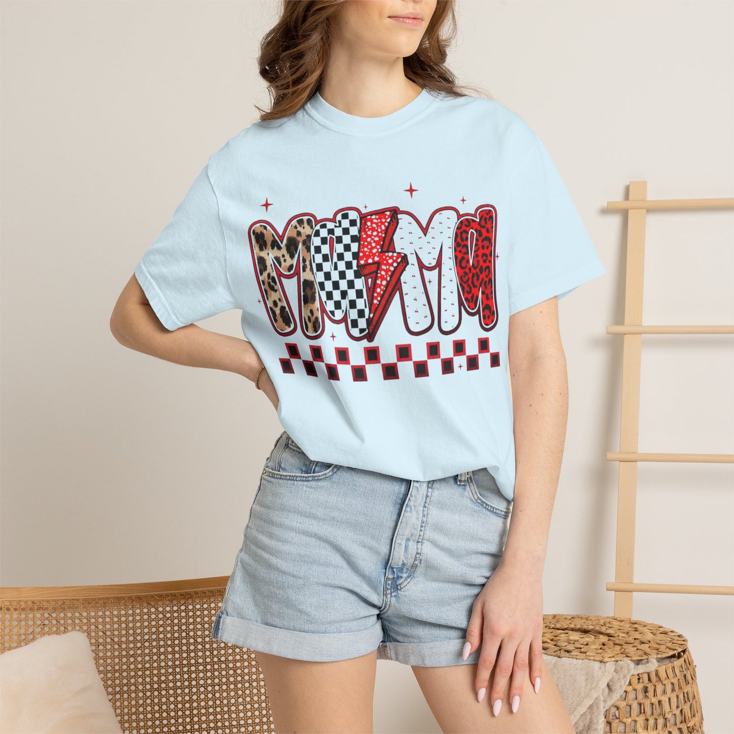Mama Lightning Bolt Graphic T-Shirt — Playful Leopard & Heart Print