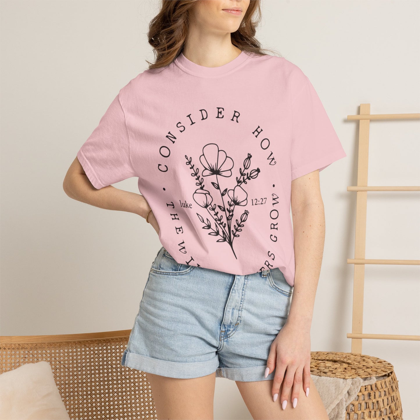 T-Shirt — "Consider How the Wildflowers Grow" Floral Scripture Tee (Luke 12:27)