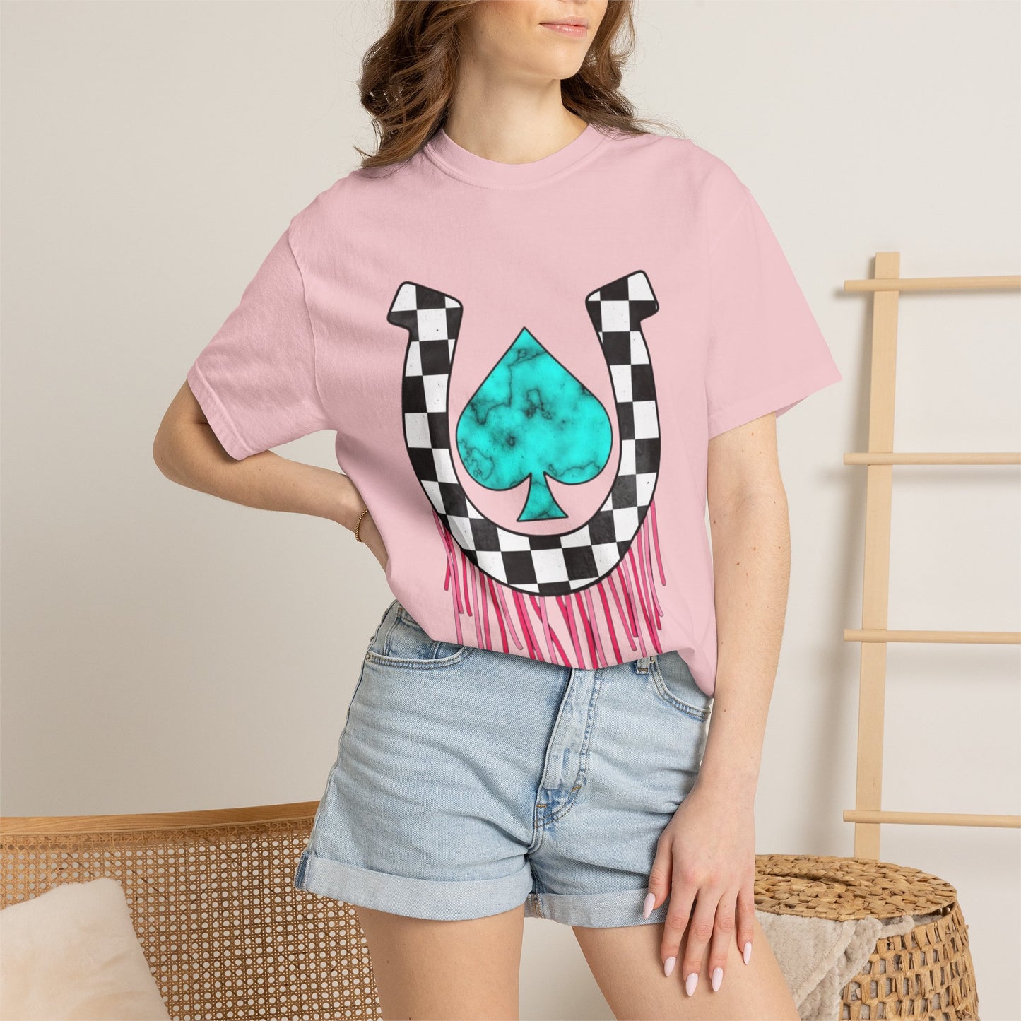 Checkerboard Horseshoe with Turquoise Spade T-Shirt | Drip Fringe Graphic