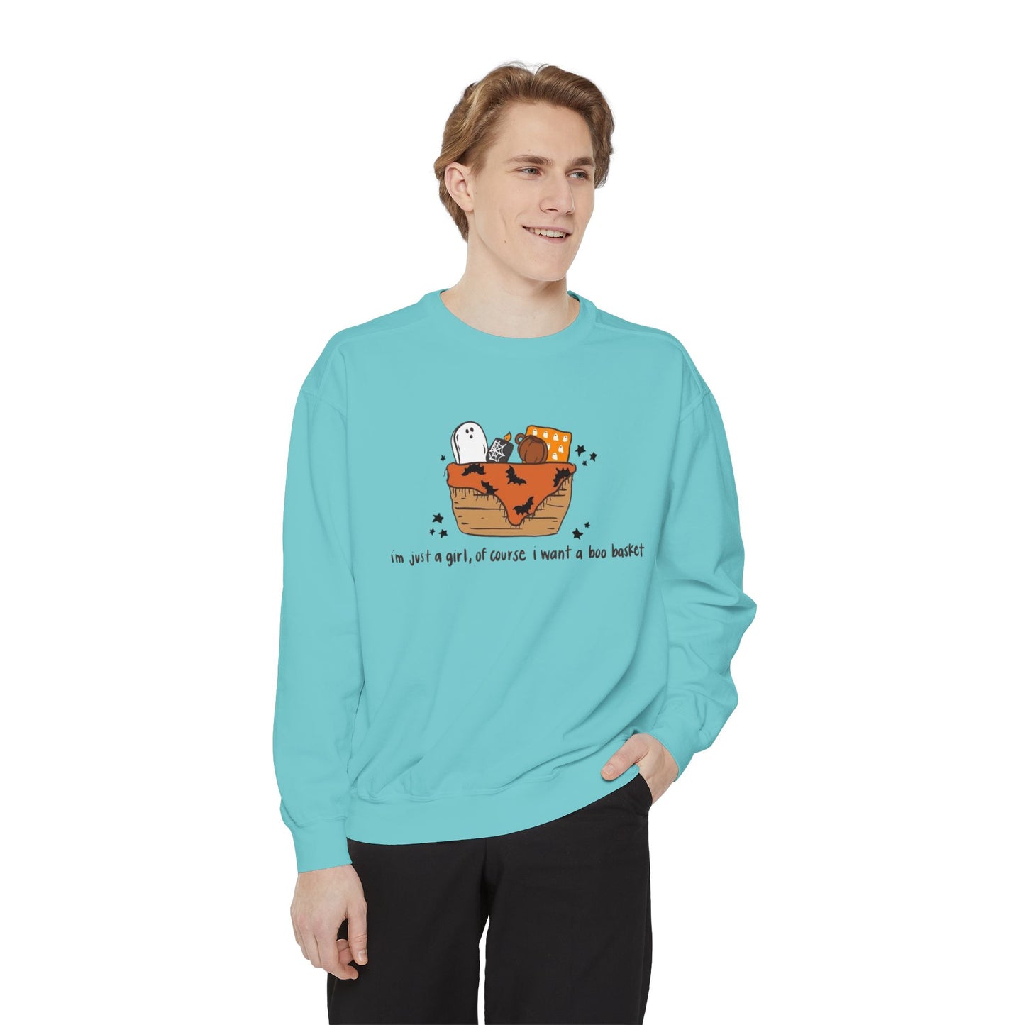 Halloween Boo Basket Sweatshirt — 'I'm not a girl, I swear I meant a boo basket' Cozy Halloween Pullover