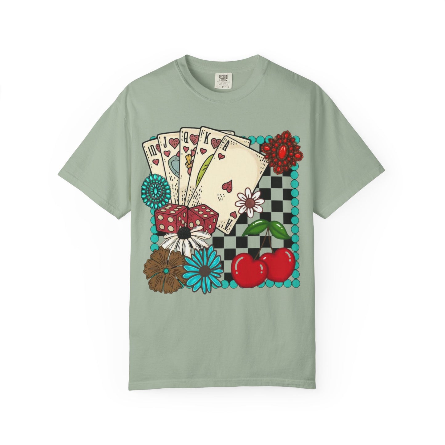 Vintage Poker Cards T-Shirt | Floral Cherry Checkerboard Design