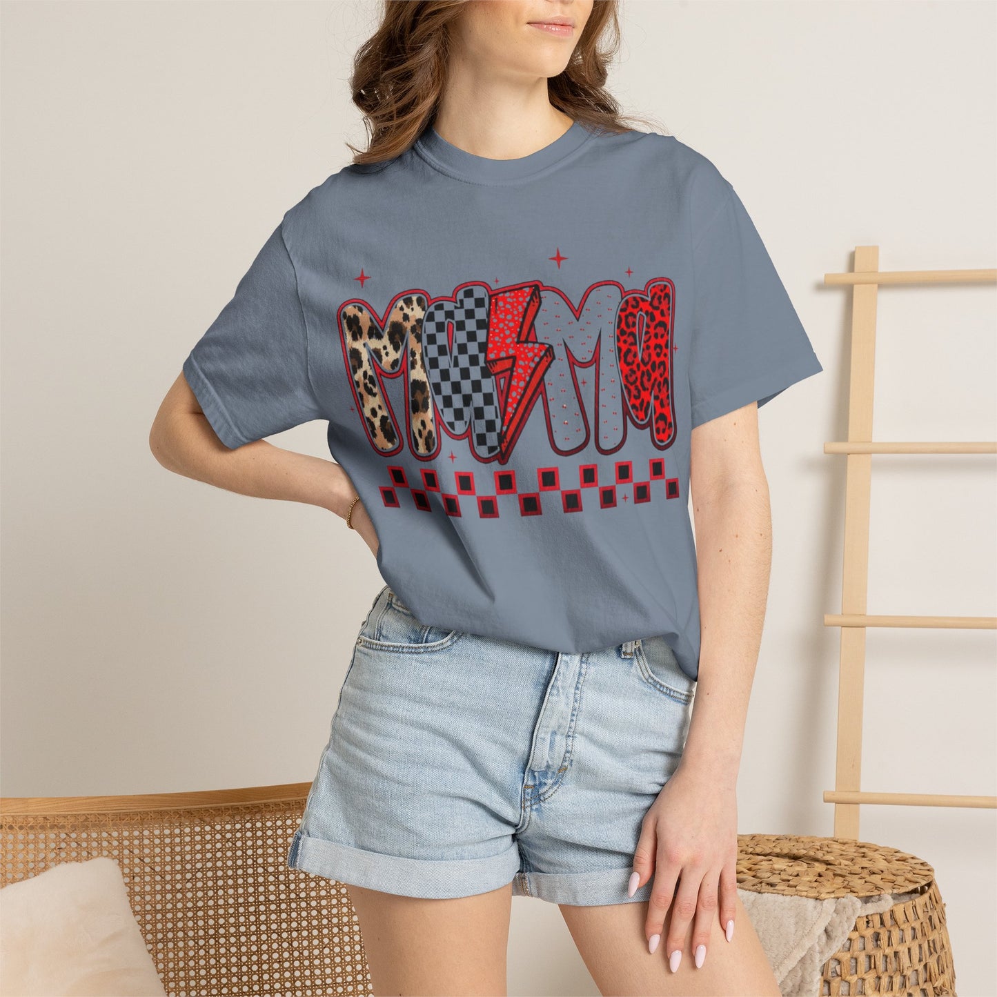 Mama Lightning Bolt Graphic T-Shirt — Playful Leopard & Heart Print