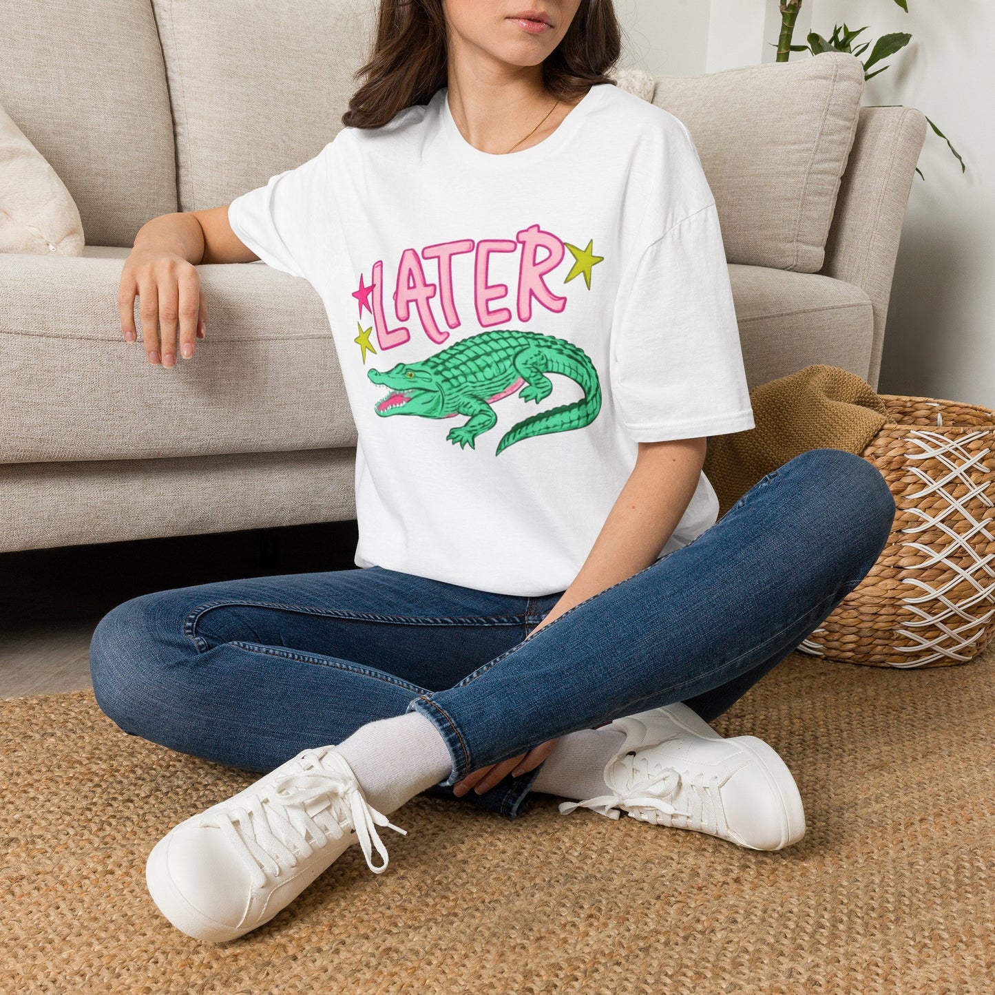 Later Crocodile Graphic T-Shirt — Retro Pink & Green Alligator Tee