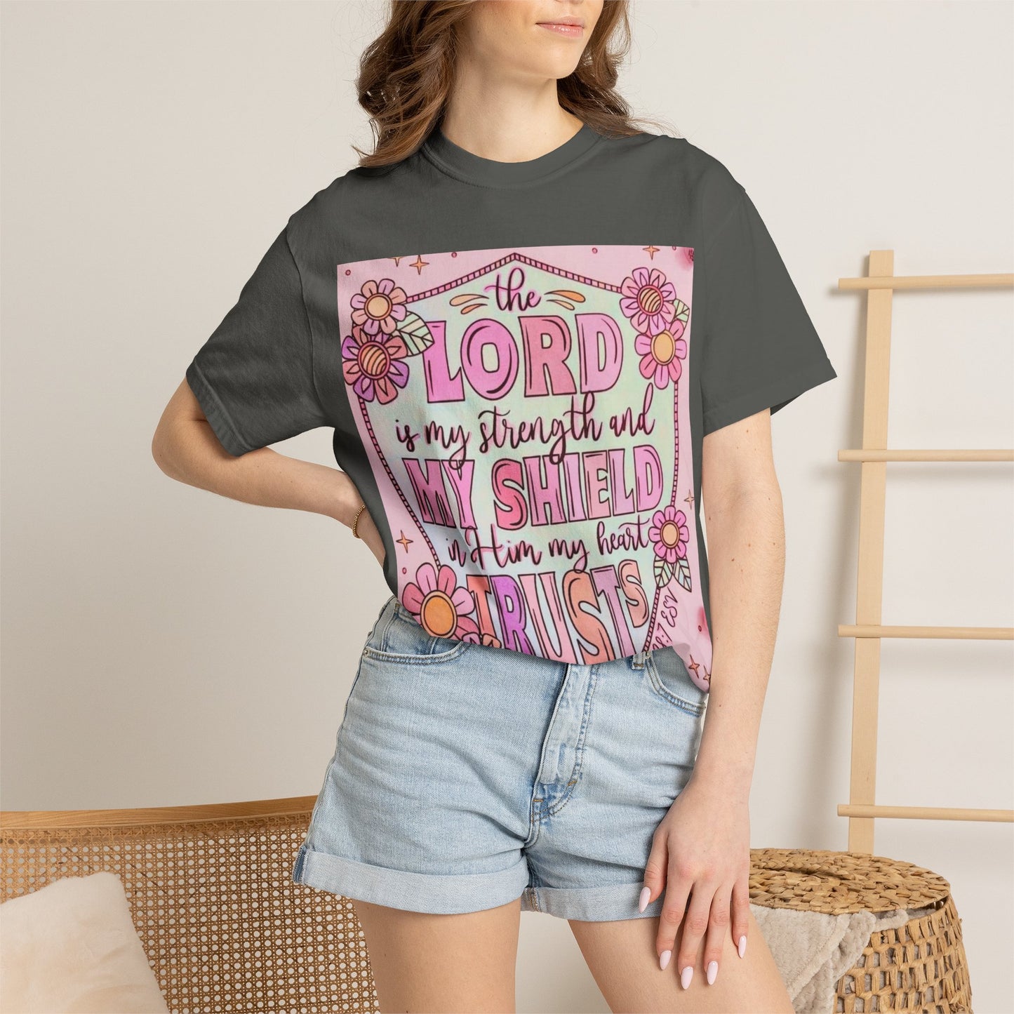 Women’s Faith T-Shirt — “The Lord Is My Strength and My Shield” Floral Christian Tee