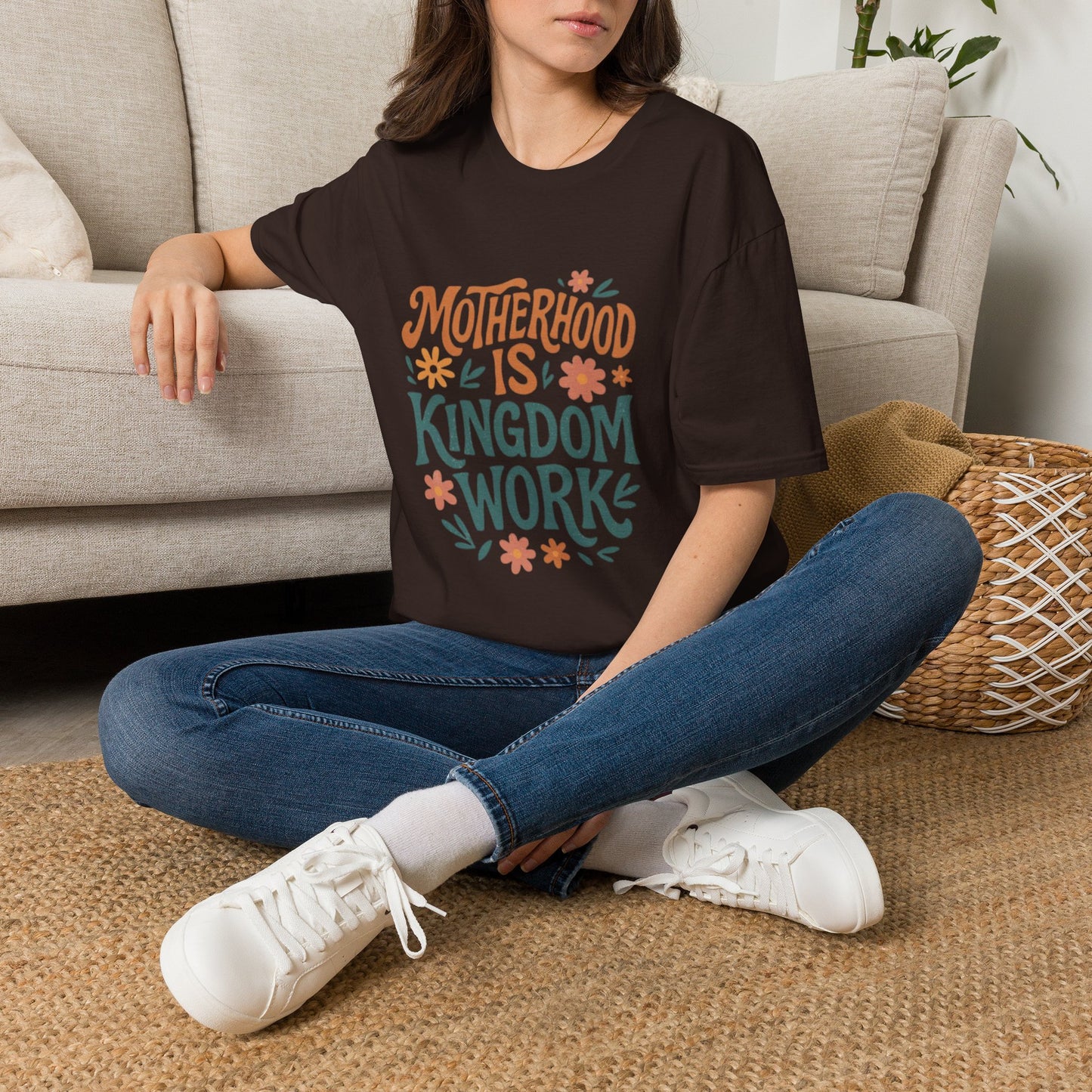 Motherhood Is Kingdom Work T-Shirt — Floral Christian Mom Tee