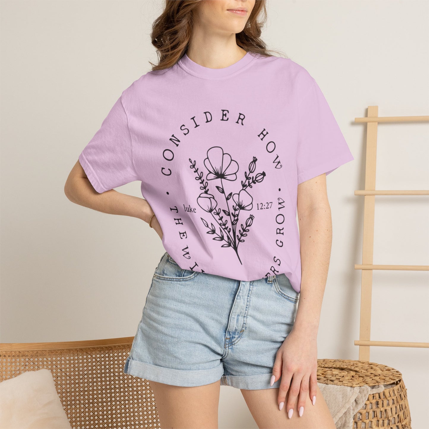 T-Shirt — "Consider How the Wildflowers Grow" Floral Scripture Tee (Luke 12:27)